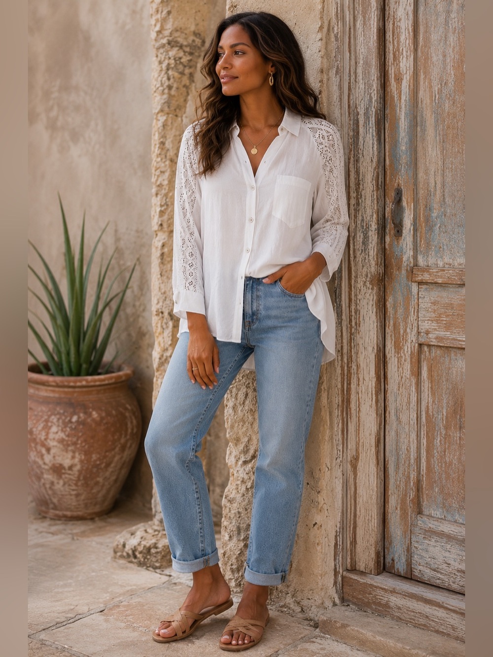 Holding Horses Anthropologie White Lace Button-Up Blouse Small Boho Hi-Low Top